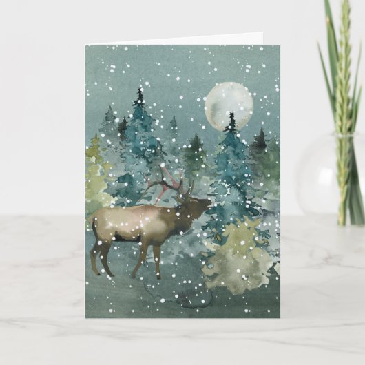 Majestic Elk Forest Full Moon Snowfall Waterverf Feestdagen Kaart (Voorkant)