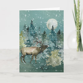 Majestic Elk Forest Full Moon Snowfall Waterverf Feestdagen Kaart