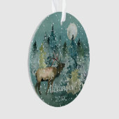 Majestic Elk Forest Full Moon Snowfall Waterverf Ornament (voorkant)