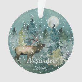 Majestic Elk Forest Full Moon Snowfall Waterverf Ornament