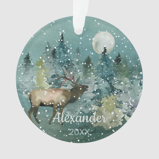 Majestic Elk Forest Full Moon Snowfall Waterverf Ornament (voorkant)