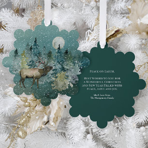 Majestic Elk Forest Volle Maan Sneeuwval Kerstmis Ornament Kaart