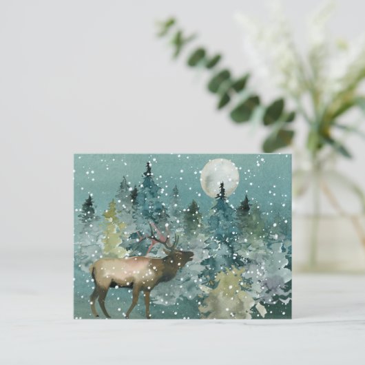 Majestic Elk in Forest Full Moon Snowfall Briefkaart (Staand voorkant)
