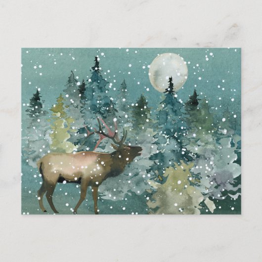 Majestic Elk in Forest Full Moon Snowfall Briefkaart (Voorkant)