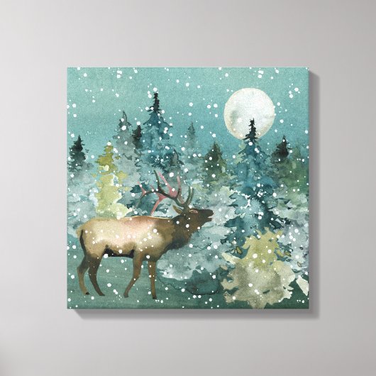 Majestic Elk in Forest Full Moon Snowfall Canvas Afdruk (Voorkant)