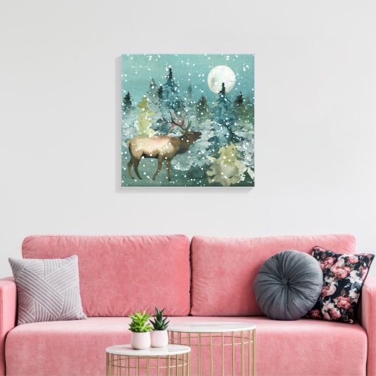 Majestic Elk in Forest Full Moon Snowfall Canvas Afdruk (Insitu (Woonkamer))
