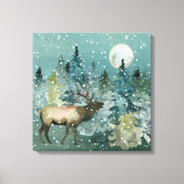 Majestic Elk in Forest Full Moon Snowfall Canvas Afdruk