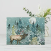 Majestic Elk in Forest Full Moon Snowfall Feestdagenkaart (Staand voorkant)