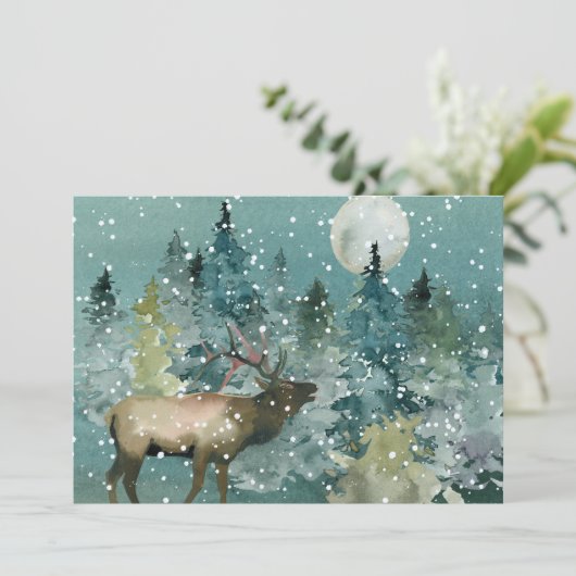 Majestic Elk in Forest Full Moon Snowfall Feestdagenkaart (Staand voorkant)