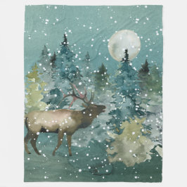 Majestic Elk in Forest Full Moon Snowfall Fleece Deken