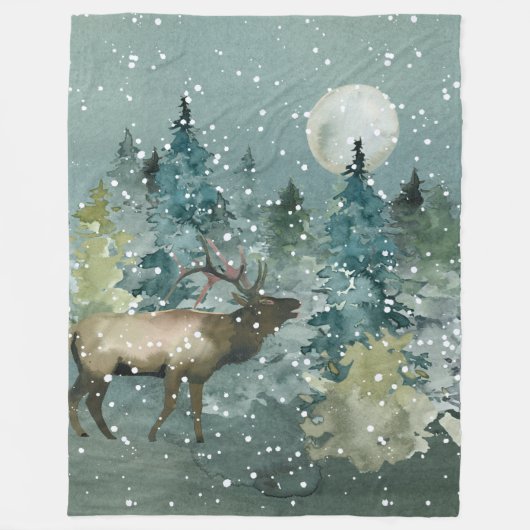 Majestic Elk in Forest Full Moon Snowfall Fleece Deken (Voorkant)