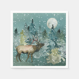 Majestic Elk in Forest Full Moon Snowfall Holiday Servet