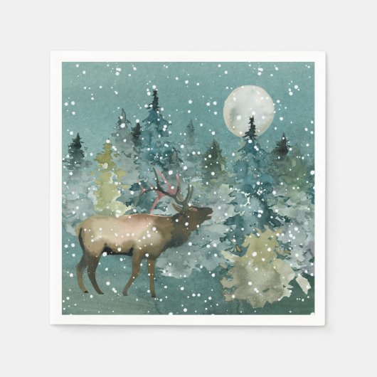 Majestic Elk in Forest Full Moon Snowfall Holiday Servet (Voorkant)