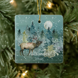 Majestic Elk in Forest Full Moon Snowfall Keramisch Ornament