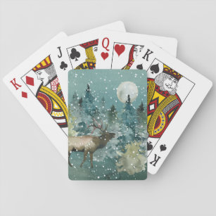Majestic Elk in Forest Full Moon Snowfall Pokerkaarten