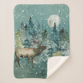 Majestic Elk in Forest Full Moon Snowfall Sherpa Deken