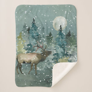 Majestic Elk in Forest Full Moon Snowfall Sherpa Deken