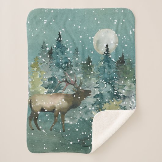 Majestic Elk in Forest Full Moon Snowfall Sherpa Deken (Voorkant)