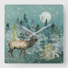 Majestic Elk in Forest Full Moon Snowfall Vierkante Klok