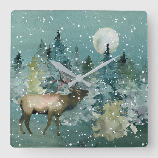 Majestic Elk in Forest Full Moon Snowfall Vierkante Klok (Voorkant)