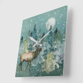 Majestic Elk in Forest Full Moon Snowfall Vierkante Klok (Hoek)