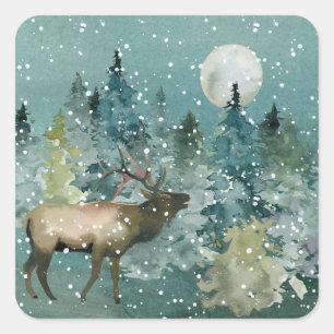 Majestic Elk in Forest Full Moon Snowfall Vierkante Sticker