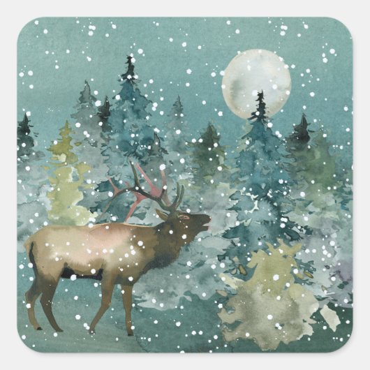 Majestic Elk in Forest Full Moon Snowfall Vierkante Sticker (Voorkant)