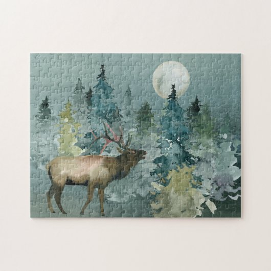 Majestic Elk in Forest Full Moon Waterverf Legpuzzel (Horizontaal)