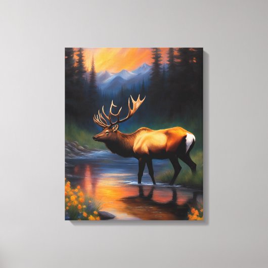 Majestic Elk Staande Berg Stoom Schilderen Canvas Afdruk (Voorkant)