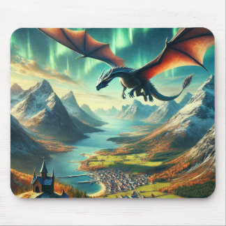 Majestic Flight – Dragon Over Nordic Fjord Muismat