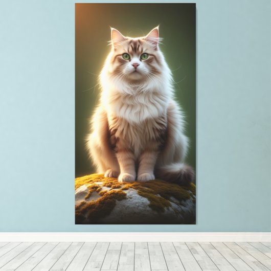 Majestic Fluffy Cat – Serene Green-Eyed Feline Canvas Afdruk (Insitu (Houten vloer))