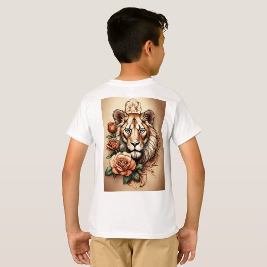 Majestic Fusion: Leeuwin en Roos Tattoo Schets T- T-shirt (Achterkant volledig)