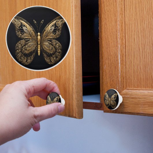 Majestic Gold Butterfly op zwart Keramische Knop