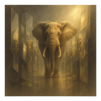 Majestic Golden Elephant in a Mirror Maze – GeoWil Foto Afdruk