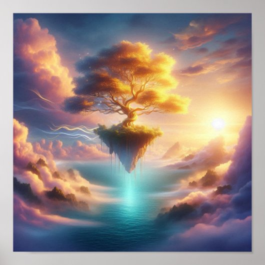 Majestic Golden Tree Over Dreamlike Ocean Skies Poster (Voorkant)