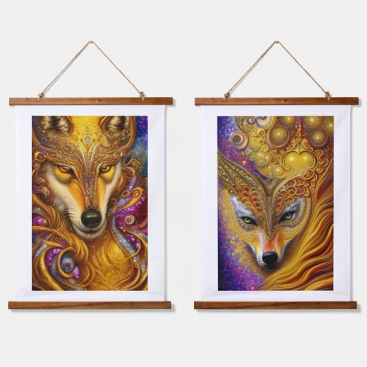 Majestic Golden Wolf Pair Fantasy AI Art Print Hangend Wandkleed (Dubbel)