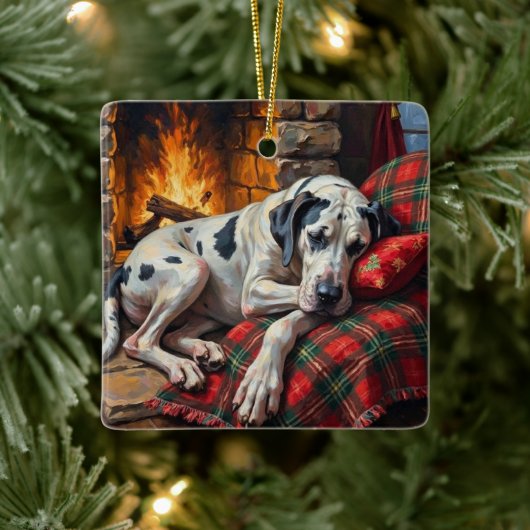 Majestic Great Dane Asleep by Fireplace Cozy Keramisch Ornament (Boom)