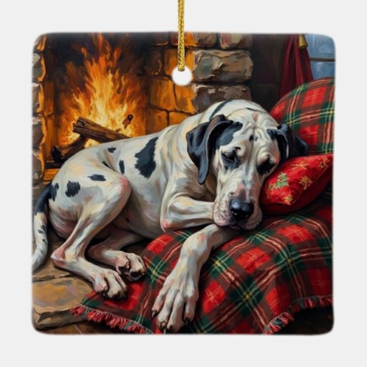 Majestic Great Dane Asleep by Fireplace Cozy Keramisch Ornament (Achterkant)