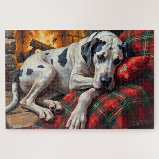 Majestic Great Dane Asleep by Fireplace Cozy Legpuzzel (Horizontaal)