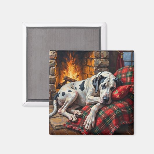 Majestic Great Dane Asleep by Fireplace Cozy Magneet (Voorkant / Achterkant)