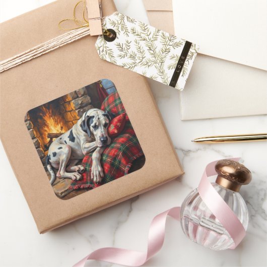 Majestic Great Dane Asleep by Fireplace Cozy Vierkante Sticker (Geschenken)