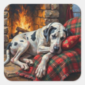 Majestic Great Dane Asleep by Fireplace Cozy Vierkante Sticker (Voorkant)