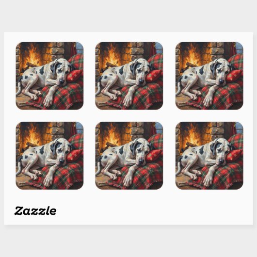 Majestic Great Dane Asleep by Fireplace Cozy Vierkante Sticker (Vel)
