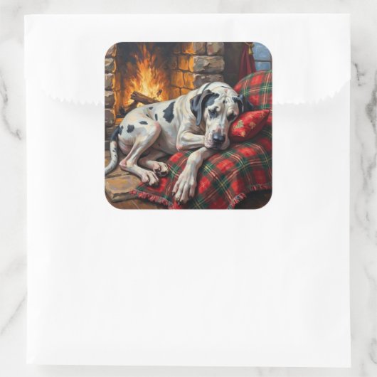 Majestic Great Dane Asleep by Fireplace Cozy Vierkante Sticker (Tas)
