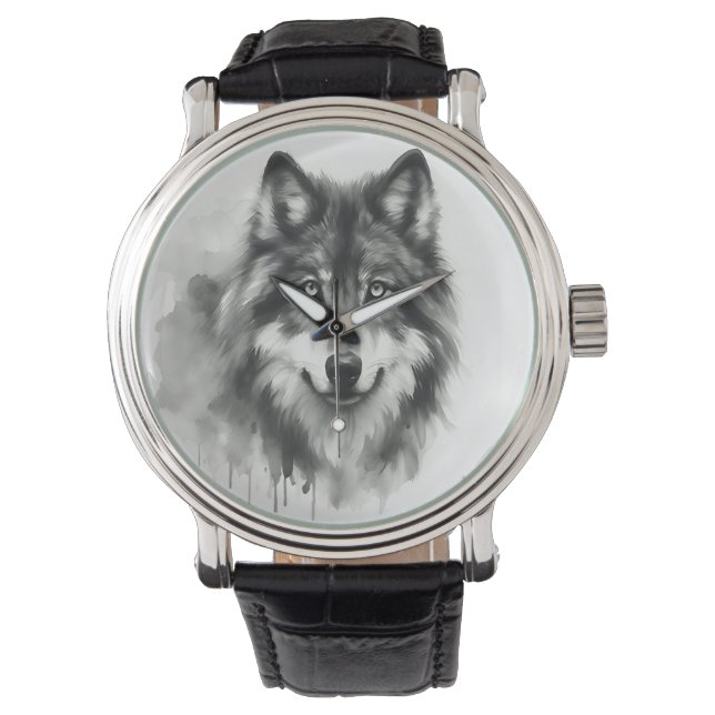 Majestic Grey Wolf Prachtige Waterverf Wildlife Horloge (Voorkant)