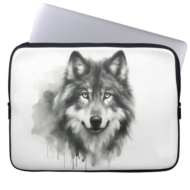 Majestic Grey Wolf Prachtige Waterverf Wildlife Laptop Sleeve (Voorkant)