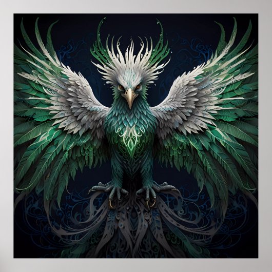 Majestic Groene & Witte Phoenix Vogel Poster (Voorkant)
