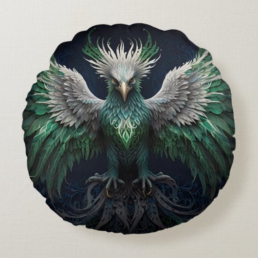 Majestic Groene & Witte Phoenix Vogel Rond Kussen (Voorkant)