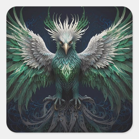 Majestic Groene & Witte Phoenix Vogel Vierkante Sticker (Voorkant)