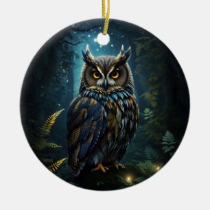 Majestic Grote Gehoornde Uil Gloeiende Nachtscène Keramisch Ornament